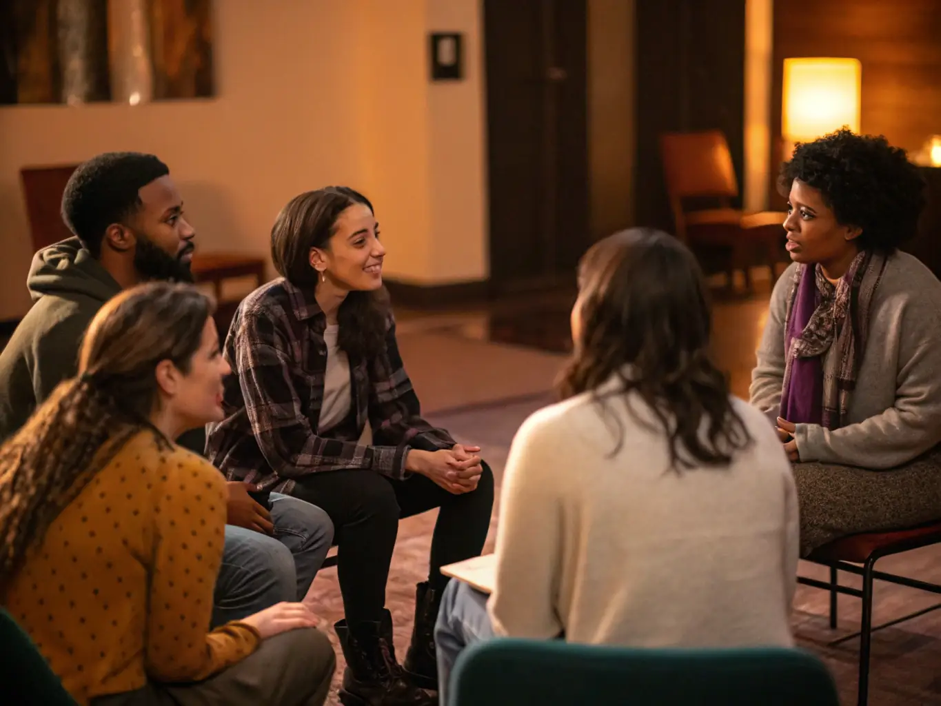 A photograph of a support group meeting, showing diverse individuals sharing their experiences and offering each other encouragement. The atmosphere is one of trust, understanding, and empowerment.