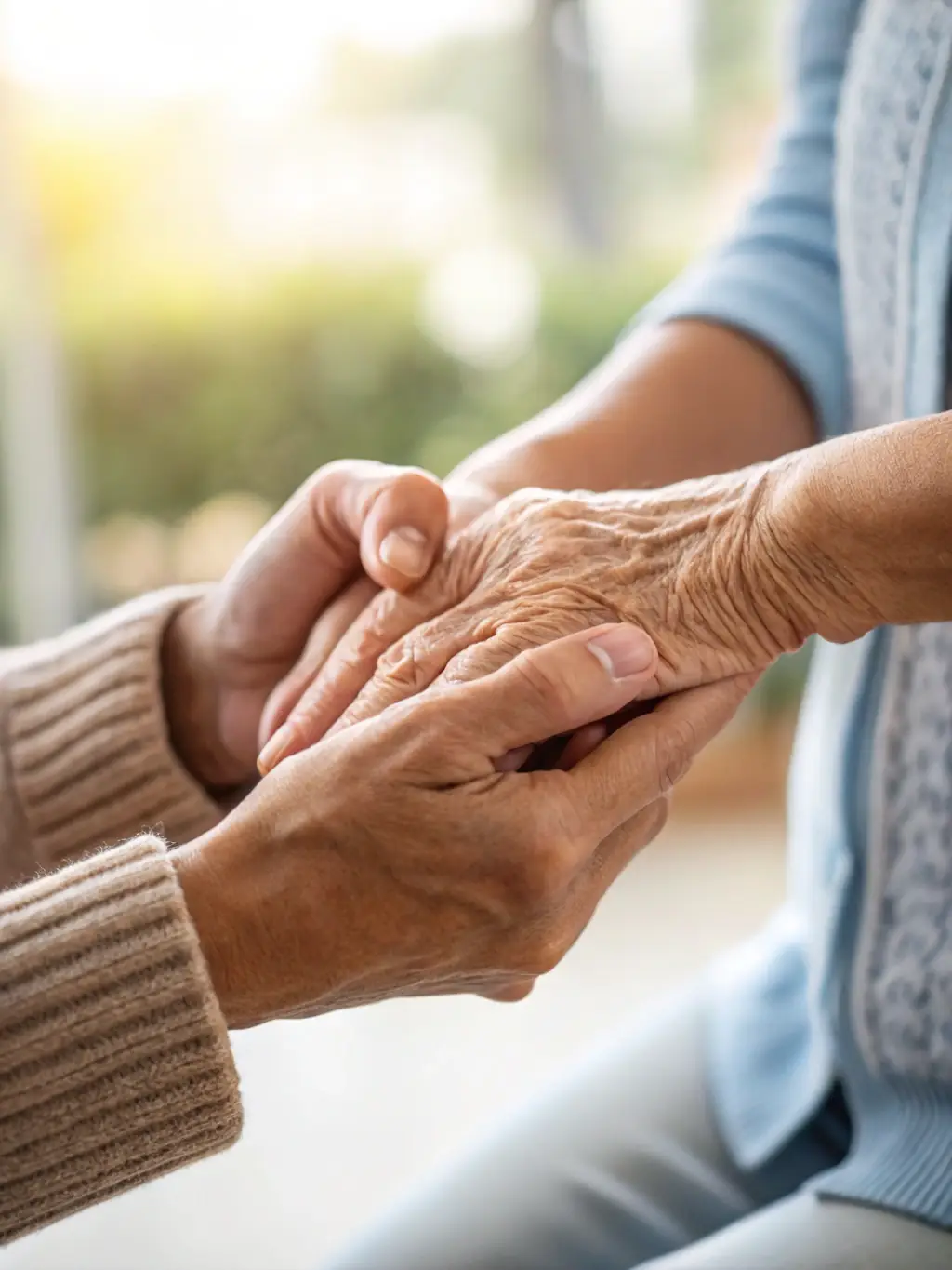 A close-up photograph of a comforting hand gently holding another, symbolizing support and empathy, set against a blurred background of a crisis center environment.